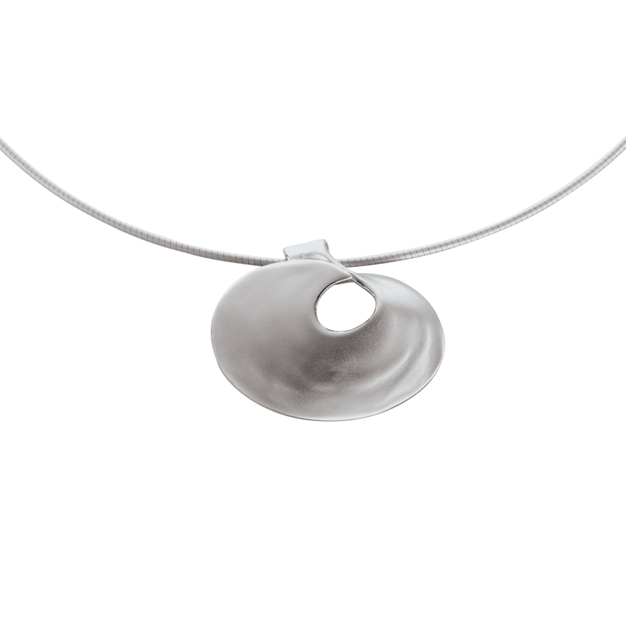 A large silver silver pendant with a single swirl representing pools of water in strong currents