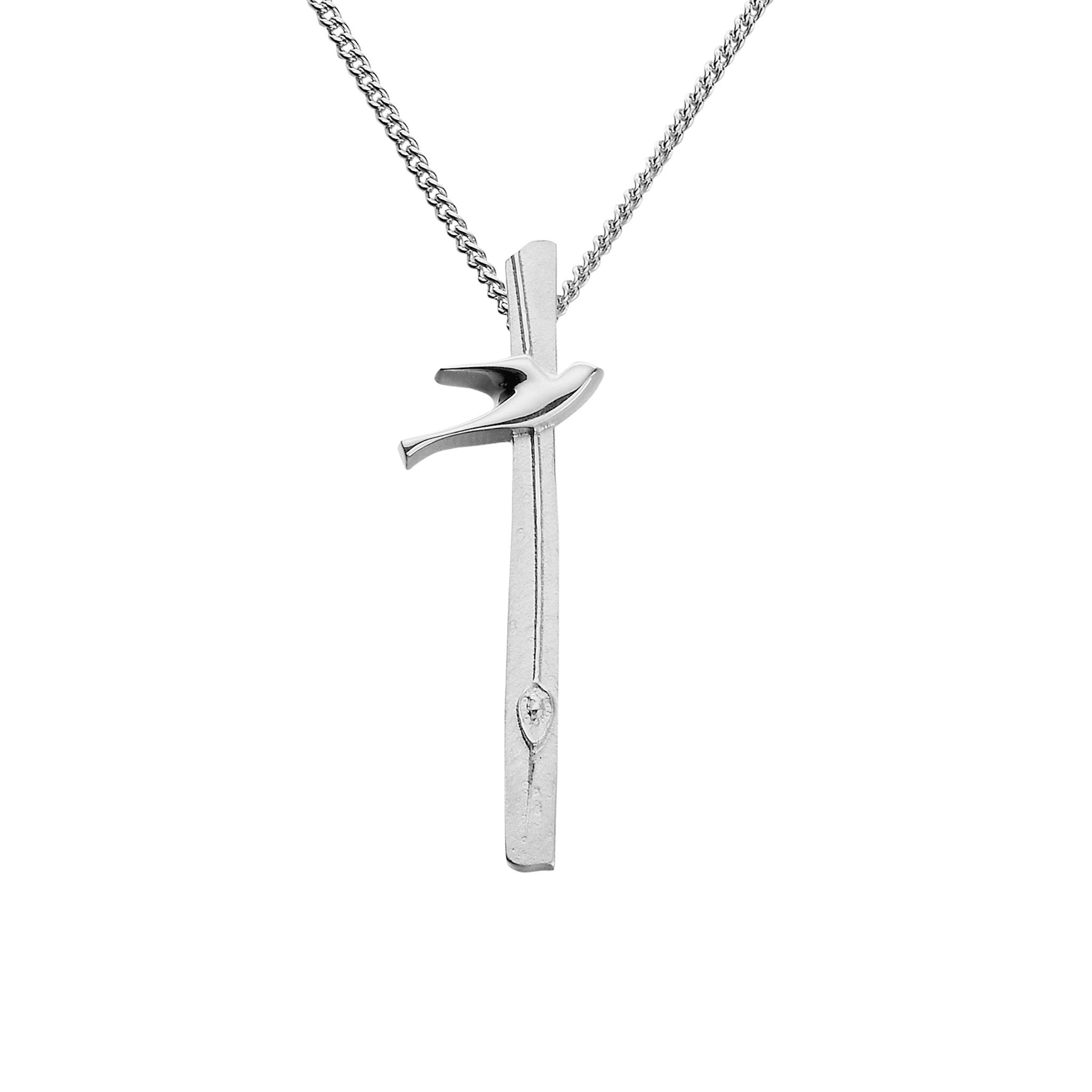 A silver necklace with a drop pendant which features a bird