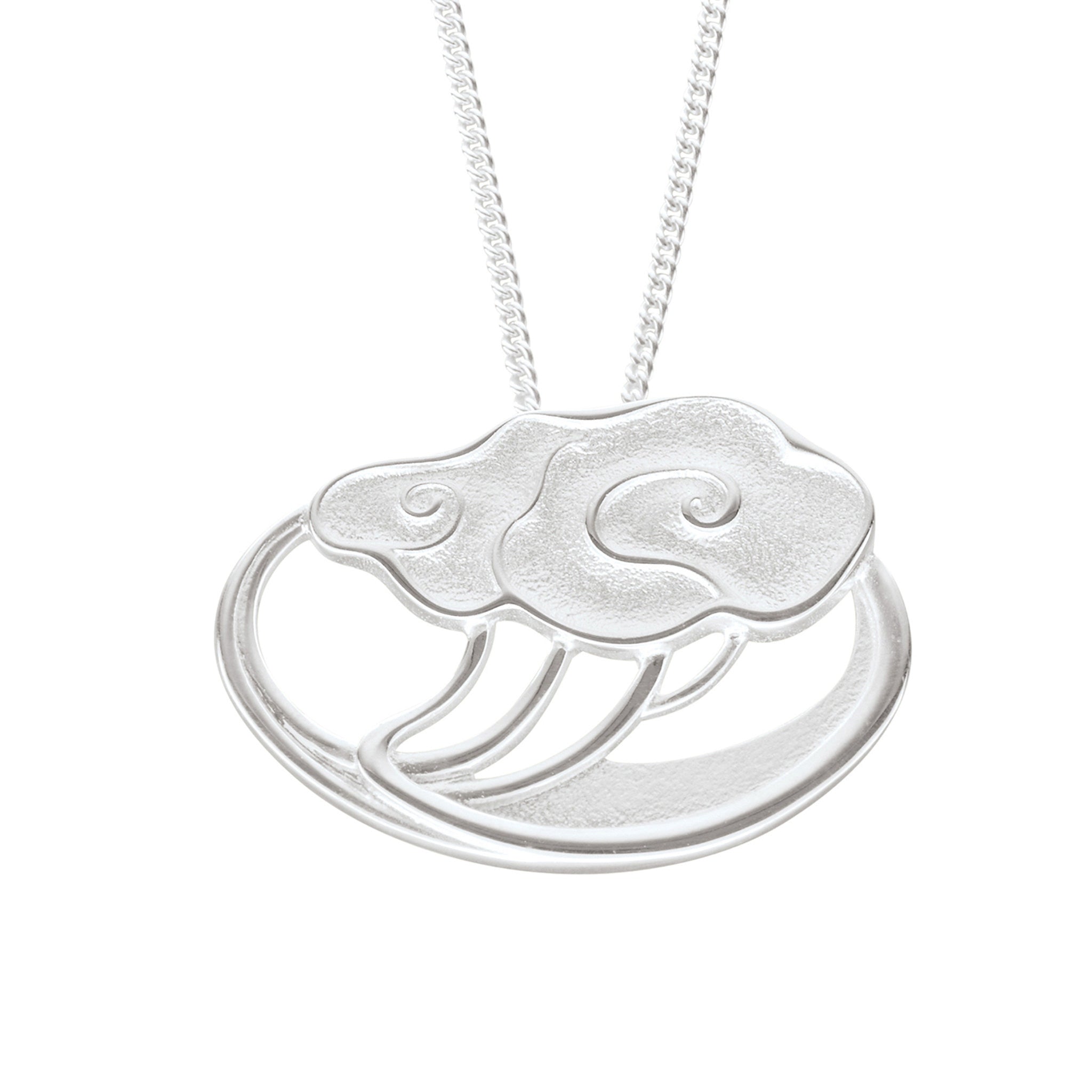 A silver pendant necklace with a unique design, featuring a rose motif, displayed against a white background.