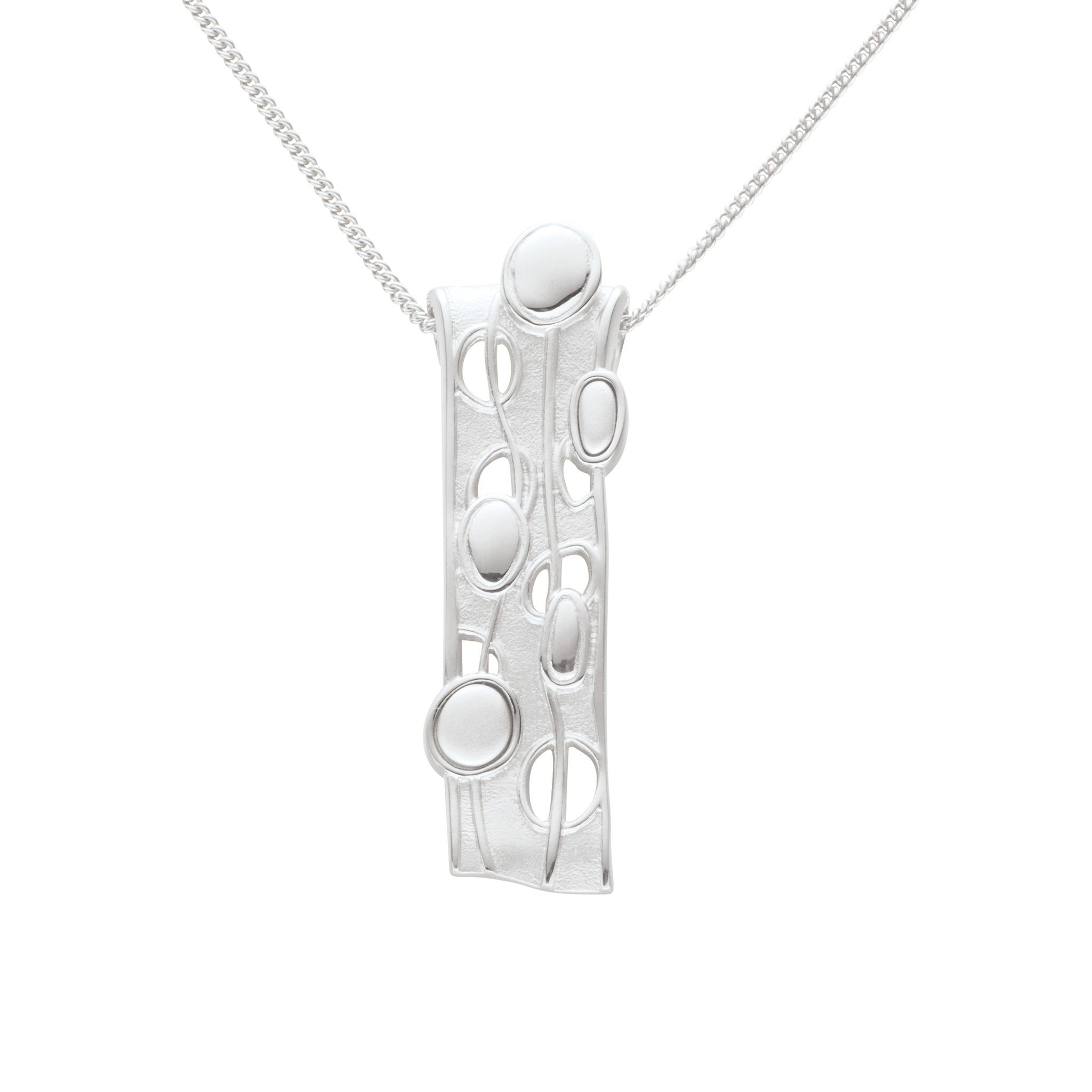 A silver necklace with a wide drop pendant which features a design based on flowing water and bubbles