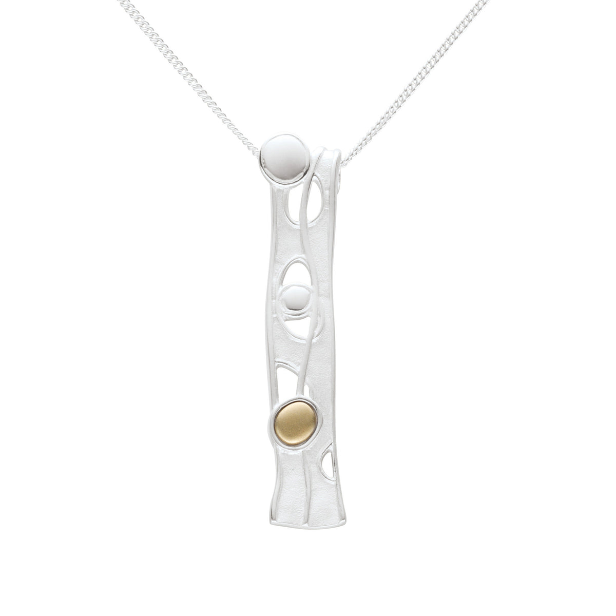 A silver necklace with a drop pendant which features a design based on flowing water and bubbles