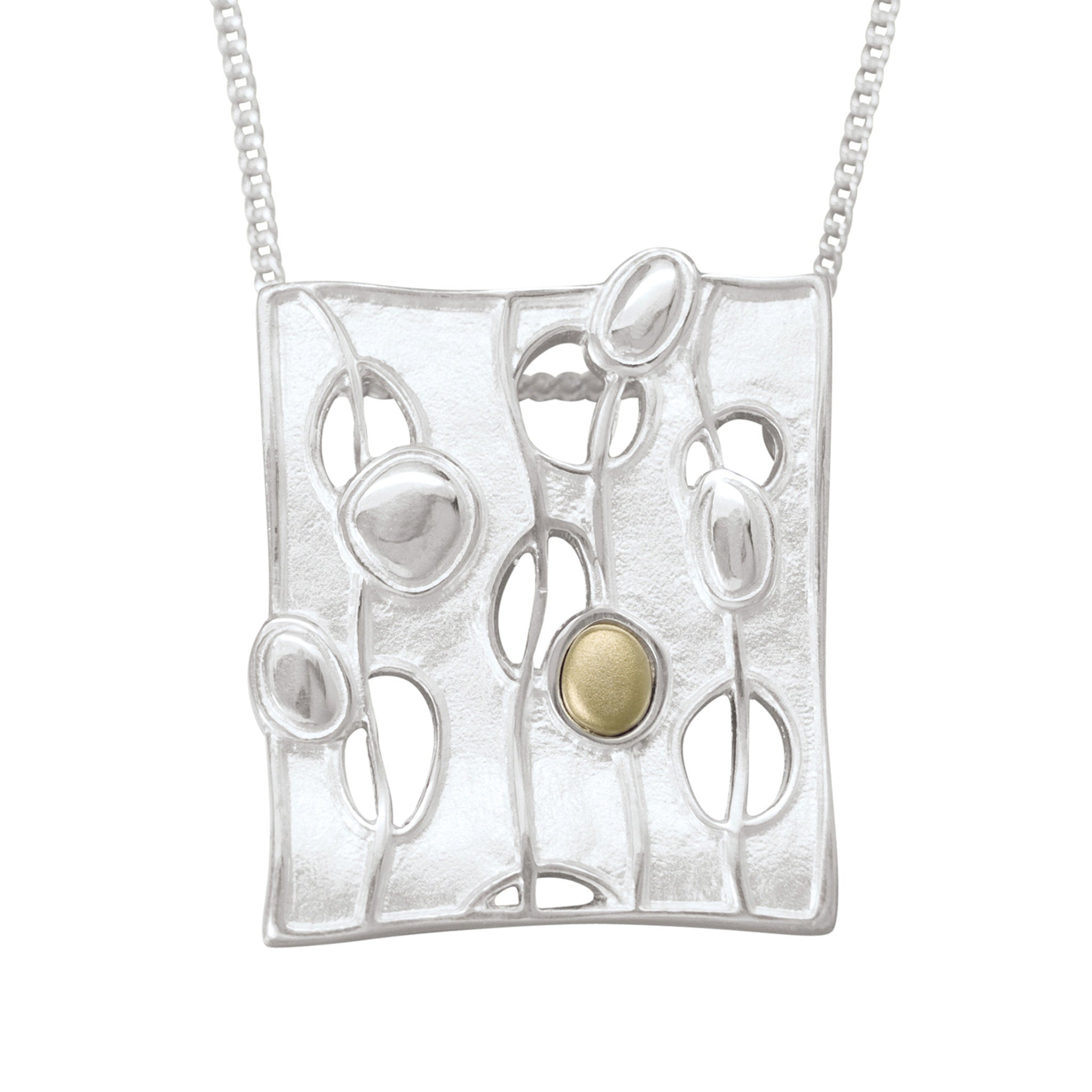 A silver necklace with a square pendant which features a design based on flowing water and bubbles
