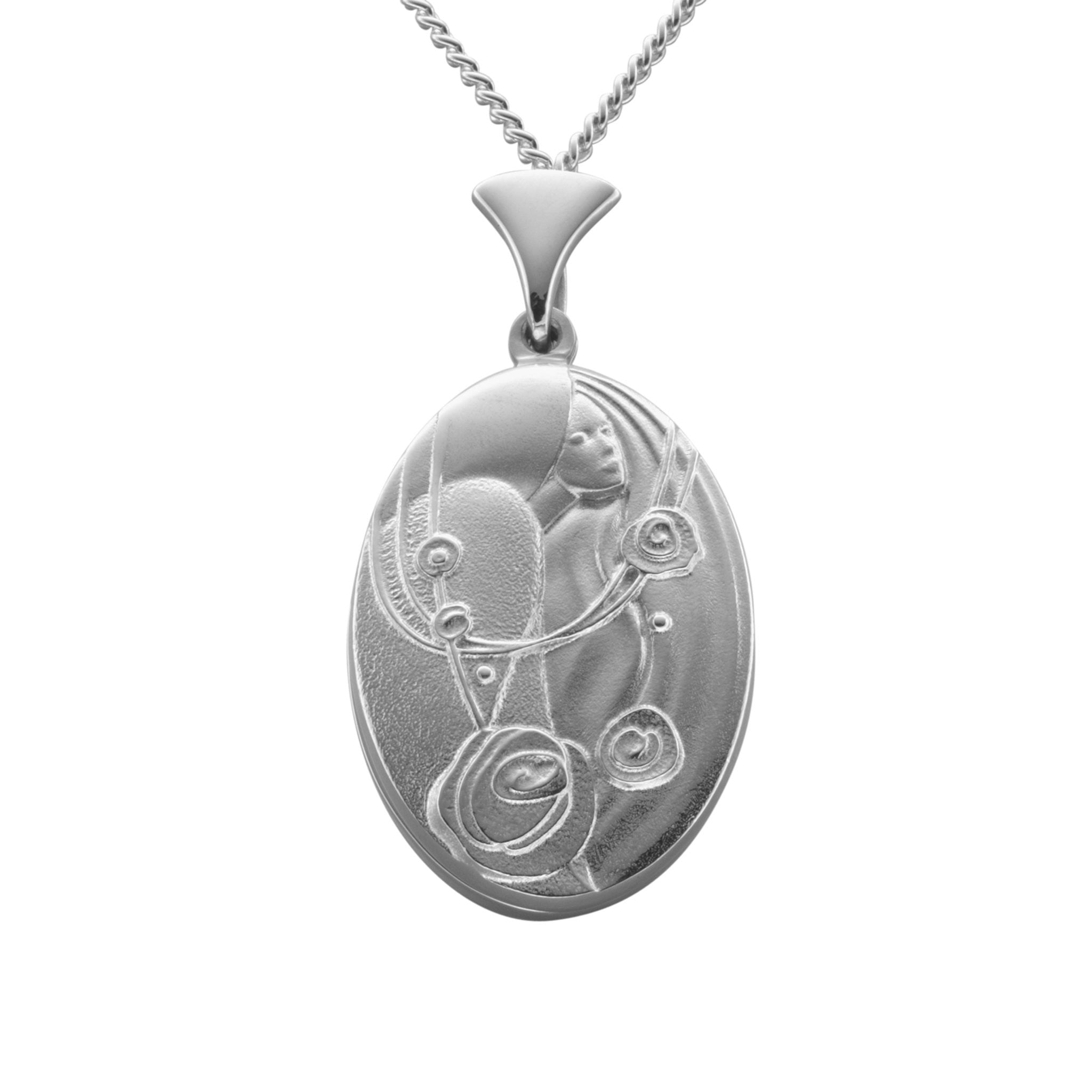A silver necklace with an oval pendant with a design featuring a lady's face and roses