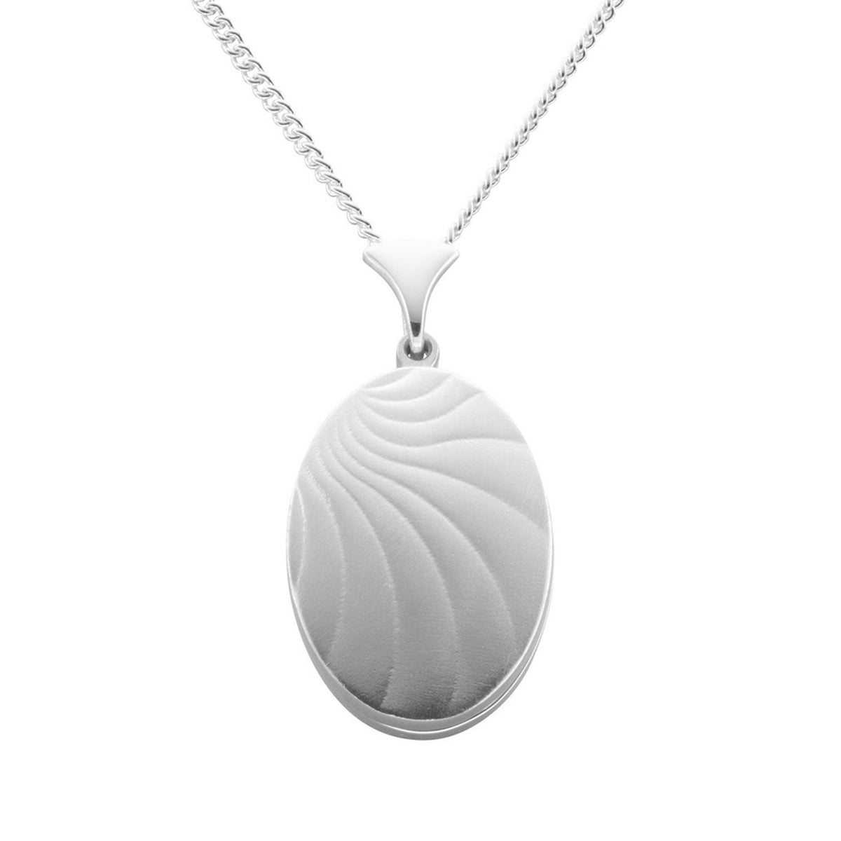 A silver necklace with an oval pendant with geometric lines