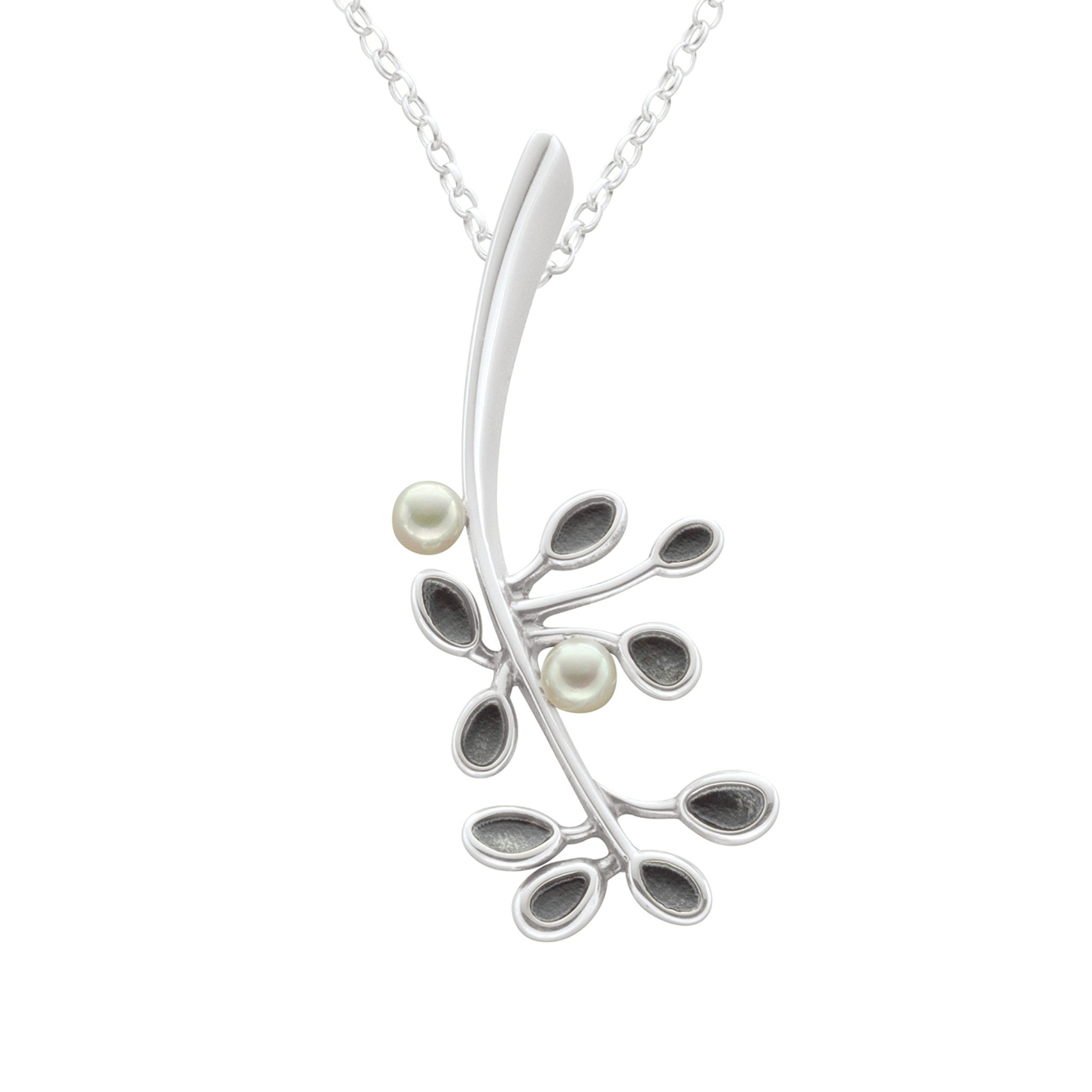 A silver pendant featuring a stylish branch with leaves and a pearl pendant, attached to a chain.