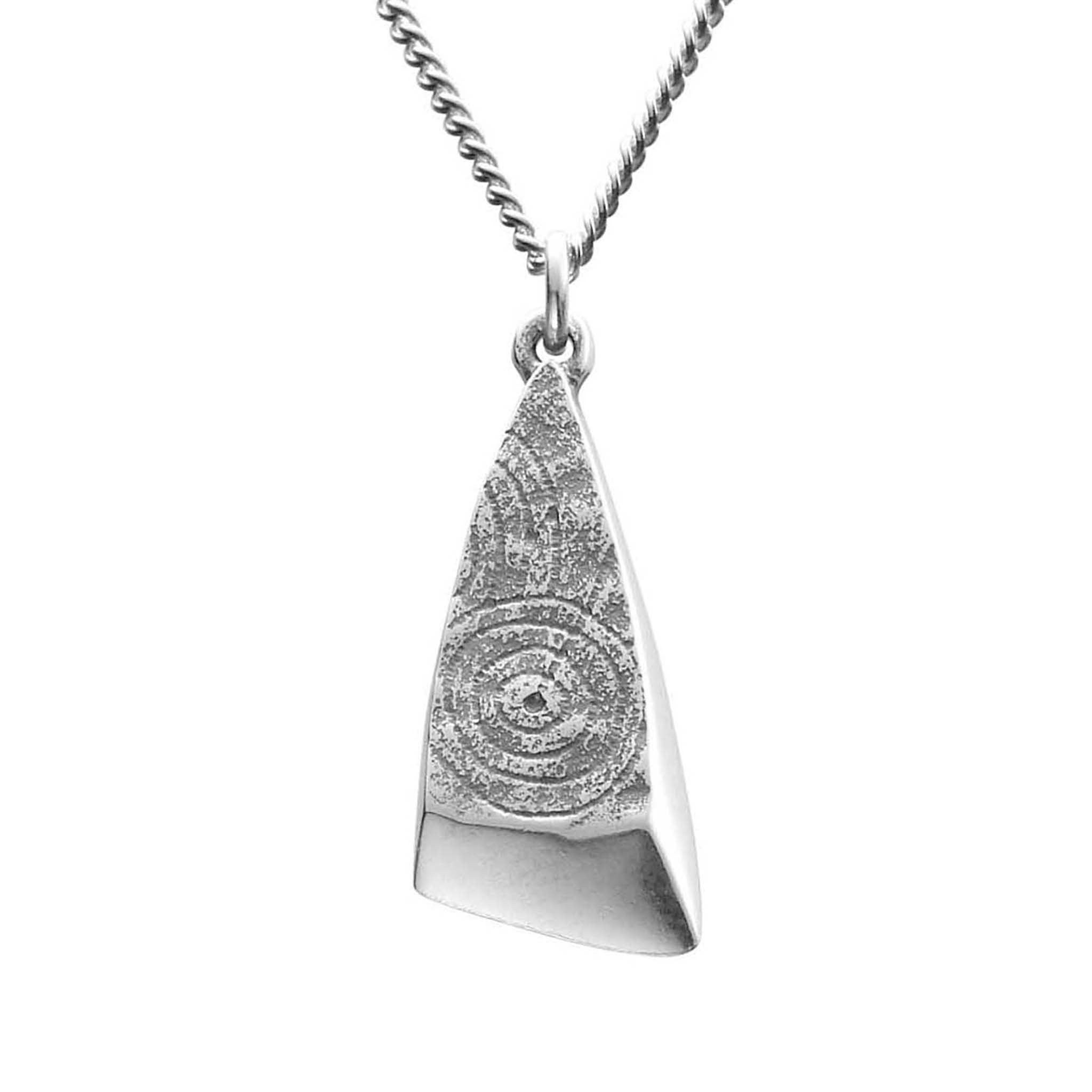 A short triangular silver pendant with a geometric pattern, suspended by a chain.