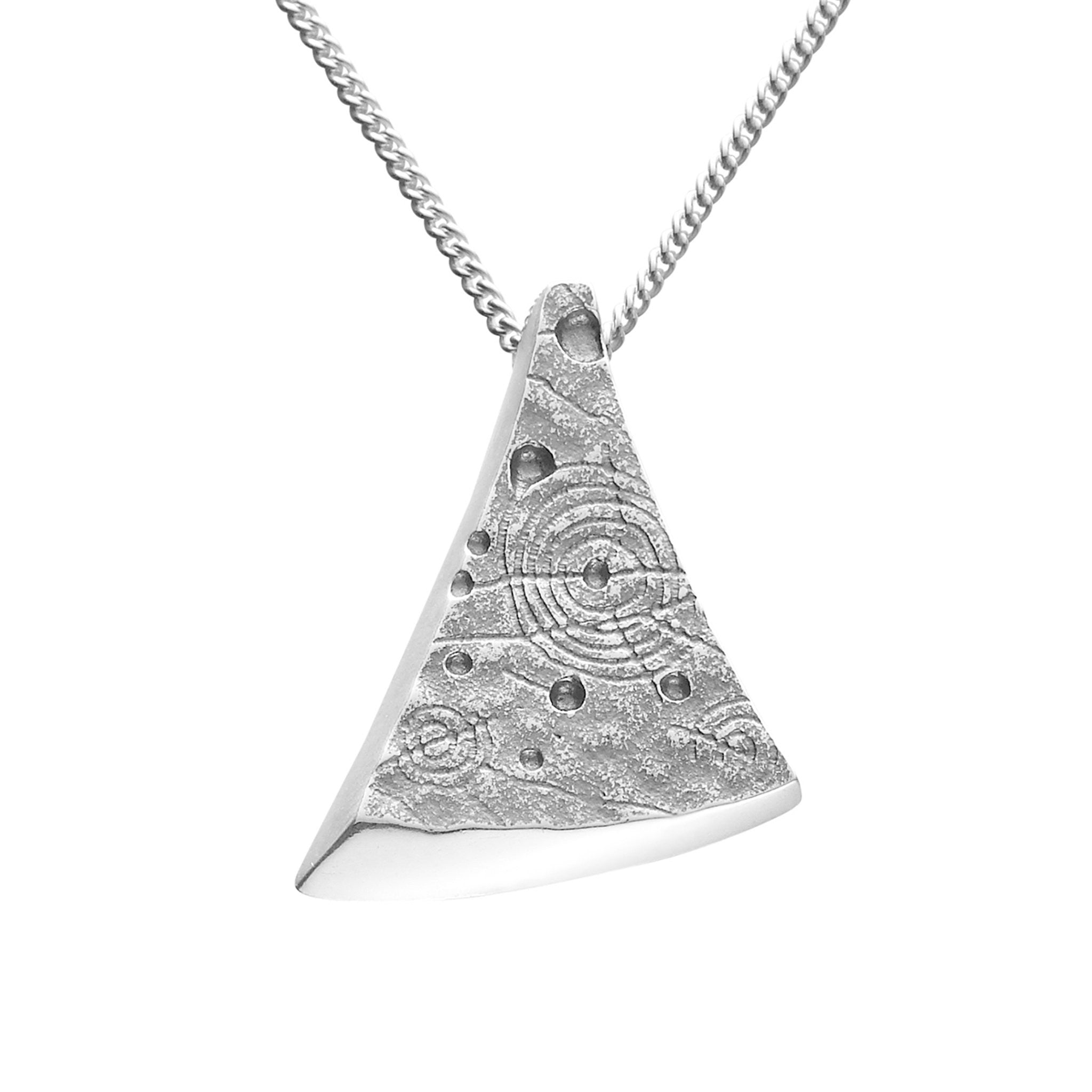 A triangular silver pendant with a geometric pattern, suspended by a chain.