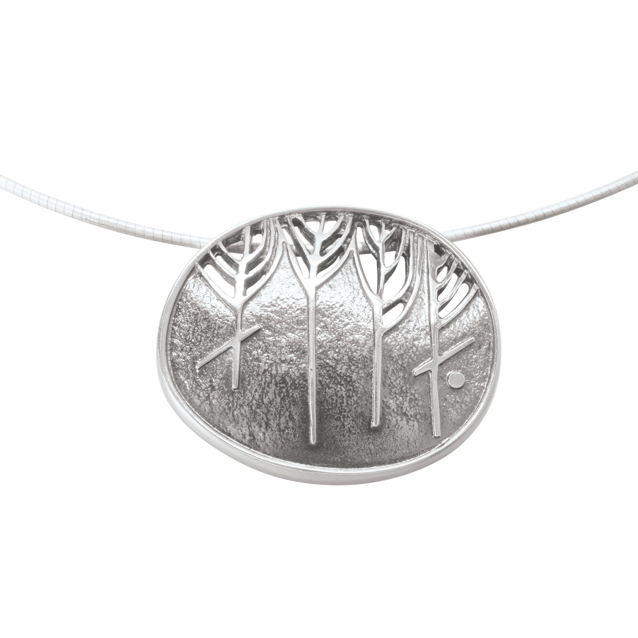 A silver pendant necklace featuring a oval design with runes, displayed against a white background.