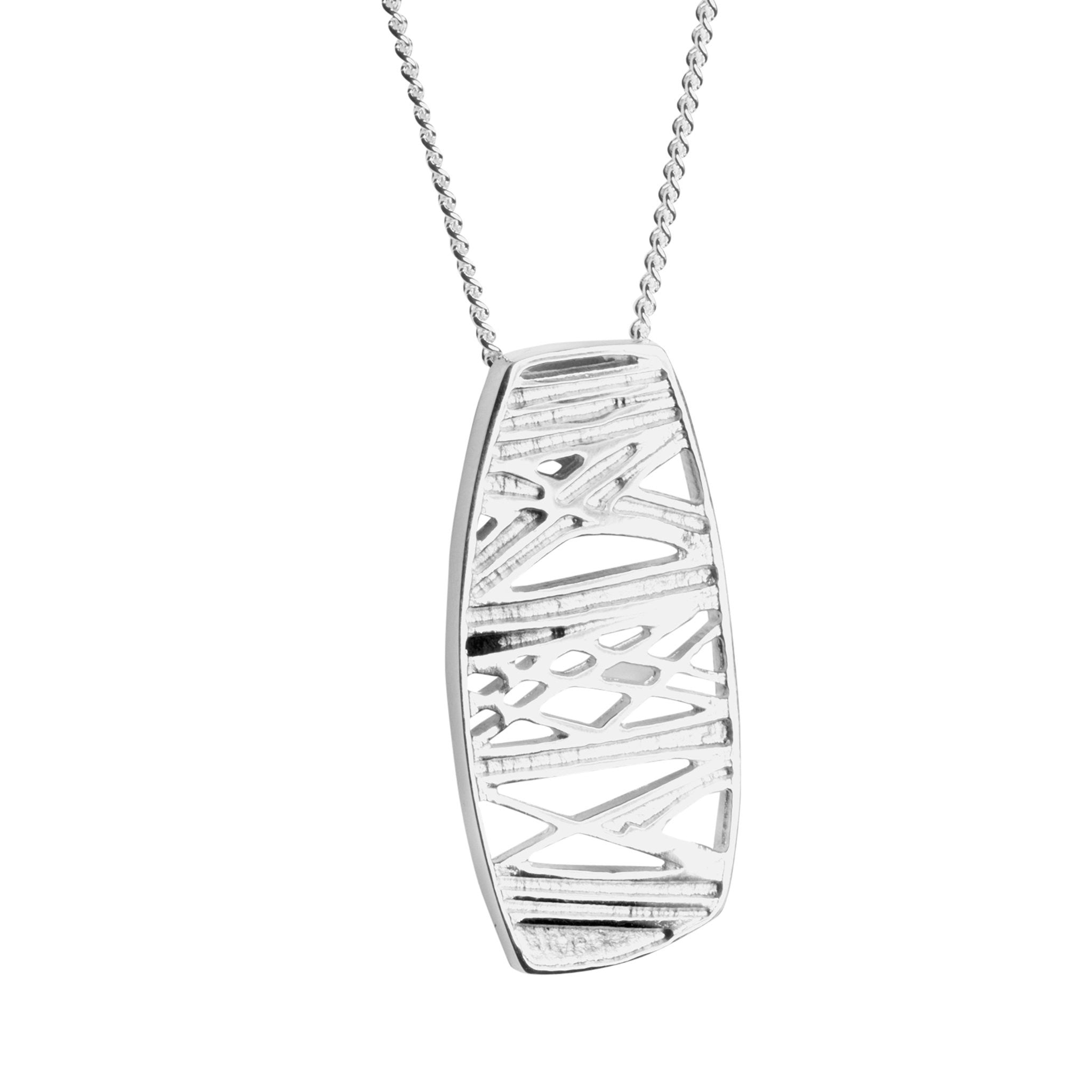 A large drop pendant in silver with a rune designs, featuring a matching chain part of the Ness of Brodgar collection