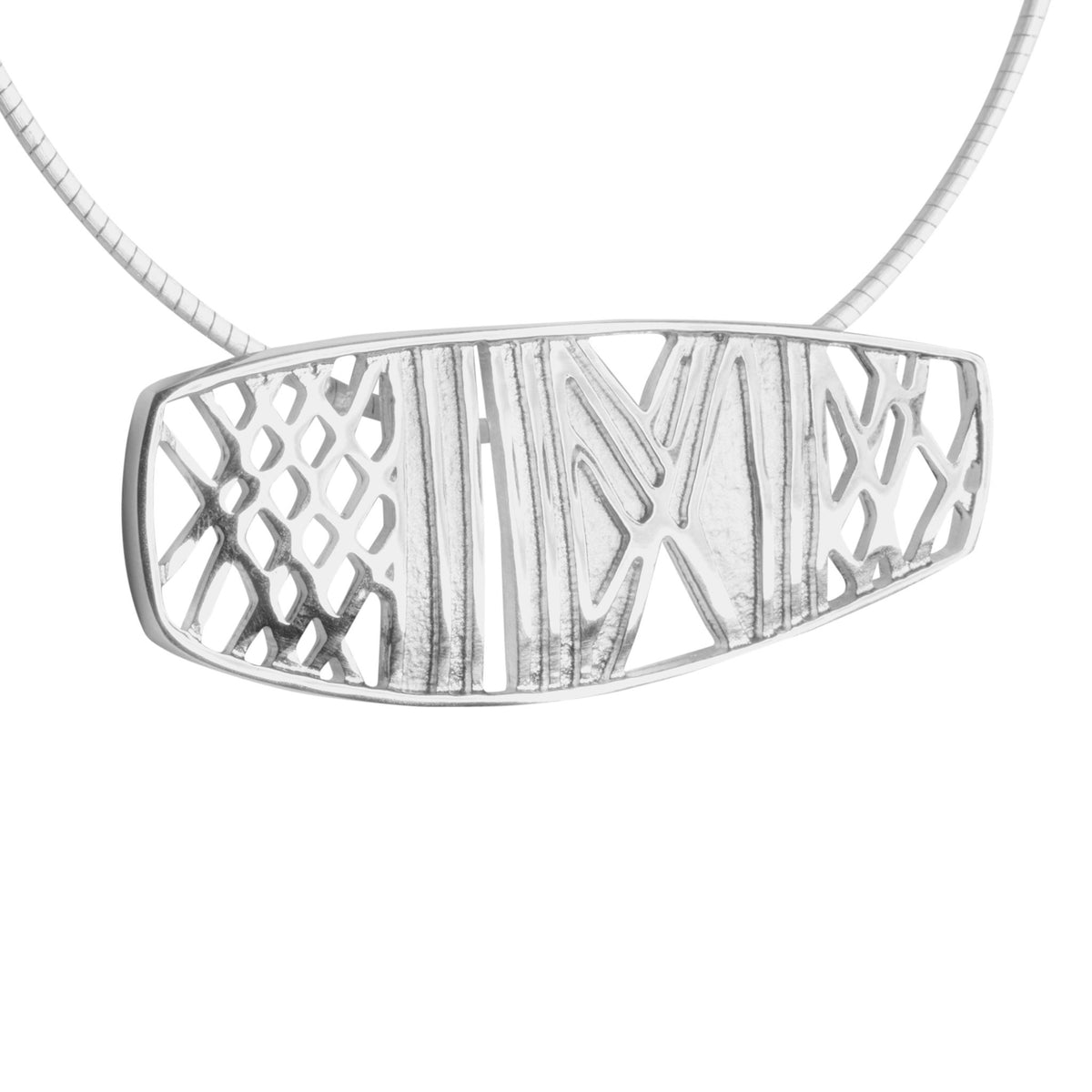 A large rectangular pendants in silver with rune designs, part of the Ness of Brodgar collection
