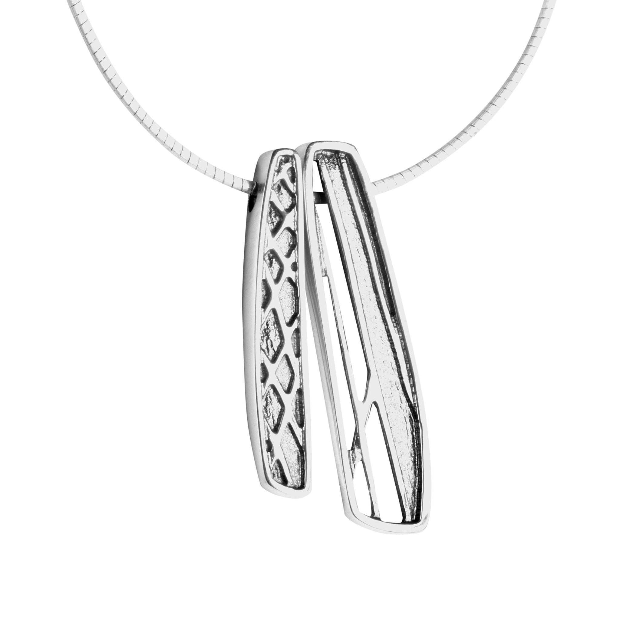 Two rectangular pendants on a snake chain in silver with rune designs, part of the Ness of Brodgar collection