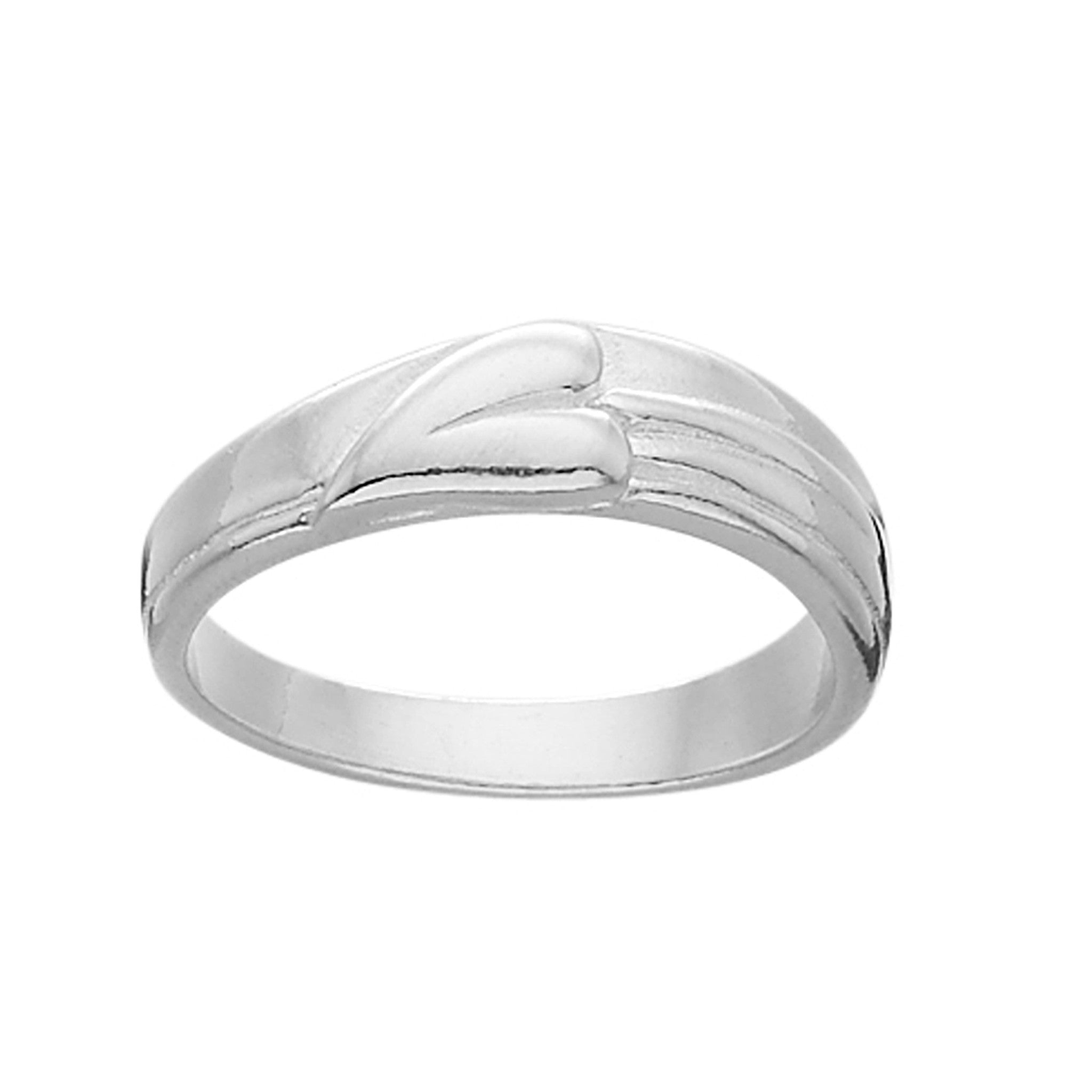 A silver ring featuring a curved design that resembles a flower or a leaf.
